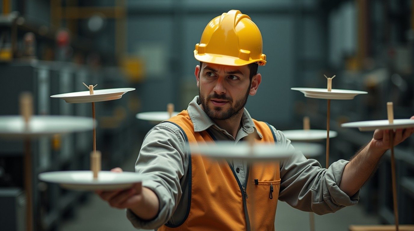 Operario en una planta industrial haciendo girar varios platos chinos a la vez